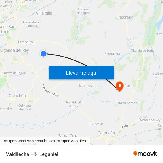 Valdilecha to Leganiel map
