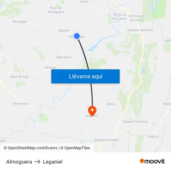 Almoguera to Leganiel map