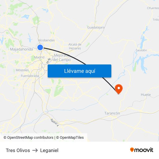 Tres Olivos to Leganiel map