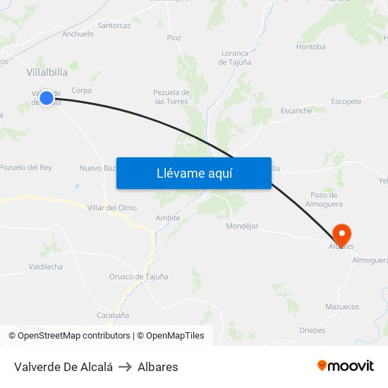 Valverde De Alcalá to Albares map
