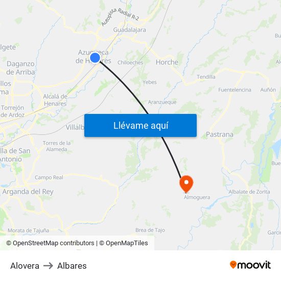 Alovera to Albares map