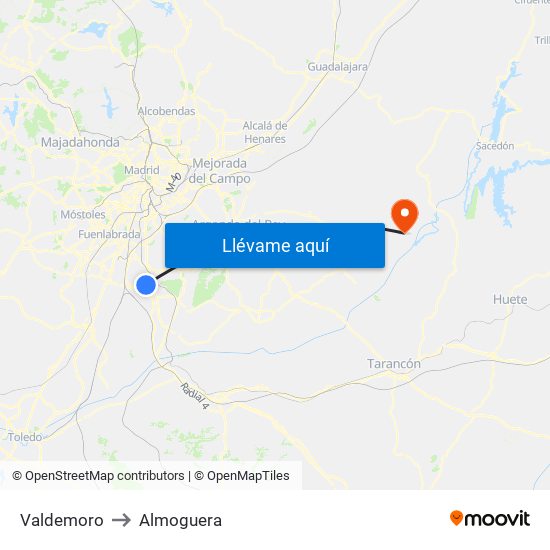 Valdemoro to Almoguera map
