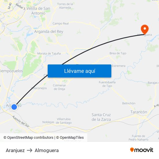 Aranjuez to Almoguera map