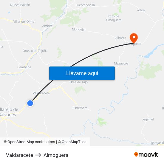 Valdaracete to Almoguera map