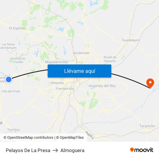 Pelayos De La Presa to Almoguera map