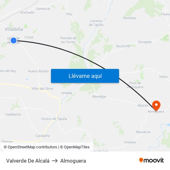 Valverde De Alcalá to Almoguera map