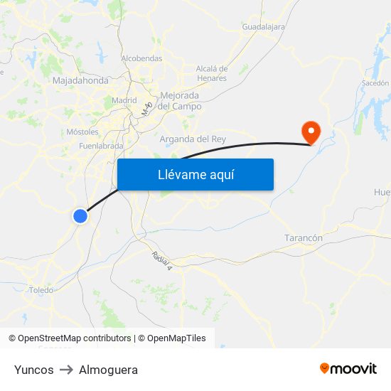 Yuncos to Almoguera map