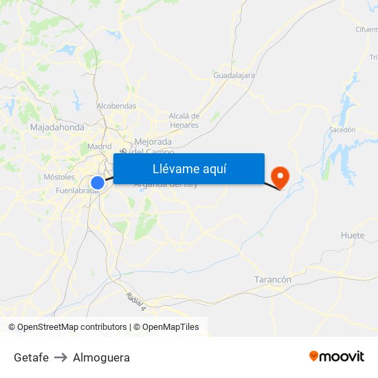 Getafe to Almoguera map