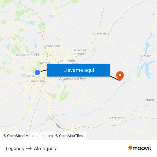 Leganés to Almoguera map