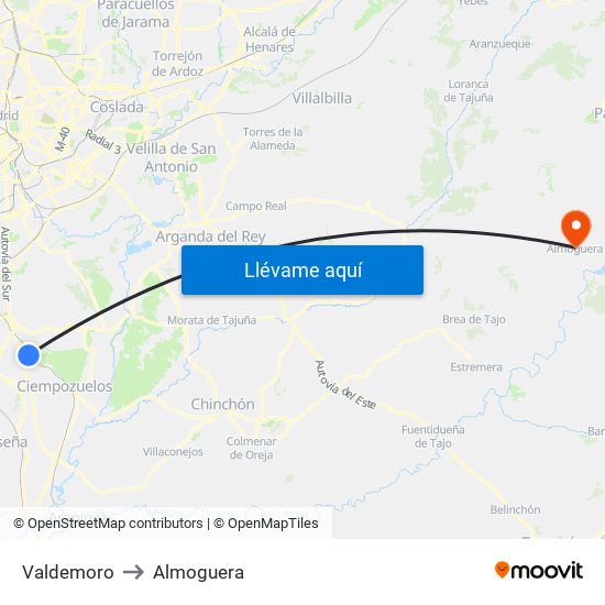 Valdemoro to Almoguera map