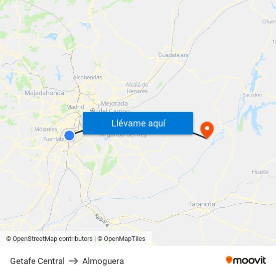 Getafe Central to Almoguera map