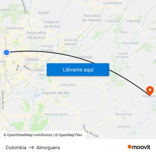 Colombia to Almoguera map