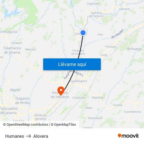 Humanes to Alovera map