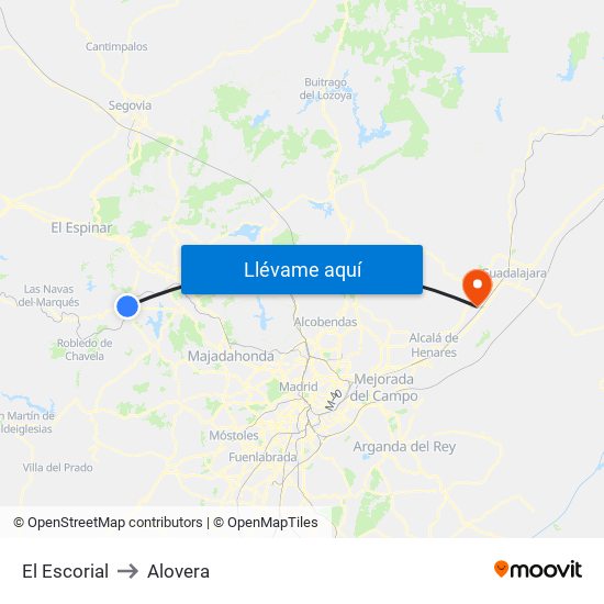 El Escorial to Alovera map