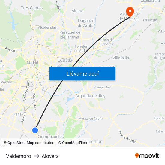 Valdemoro to Alovera map