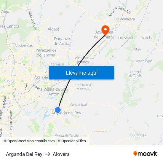 Arganda Del Rey to Alovera map