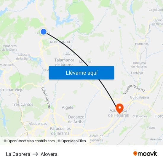 La Cabrera to Alovera map