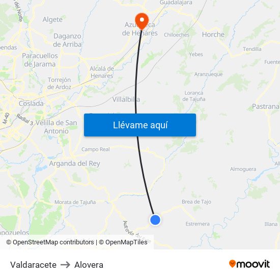 Valdaracete to Alovera map