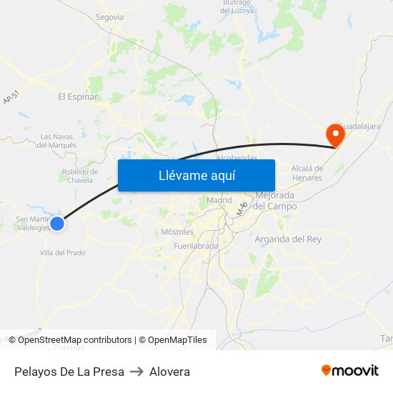 Pelayos De La Presa to Alovera map