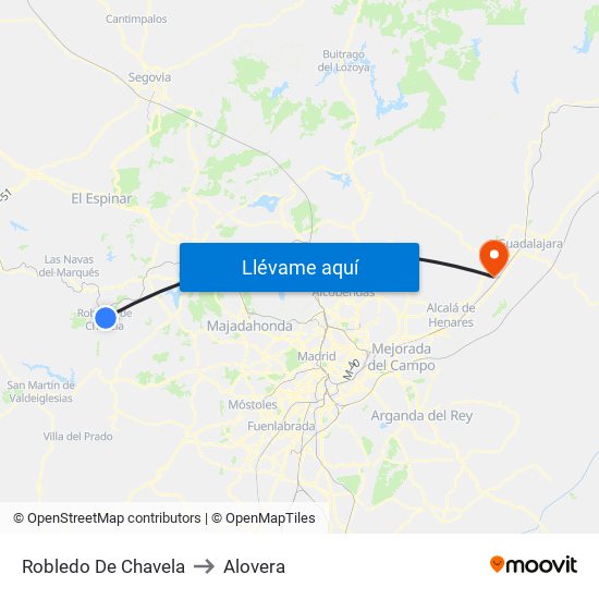 Robledo De Chavela to Alovera map