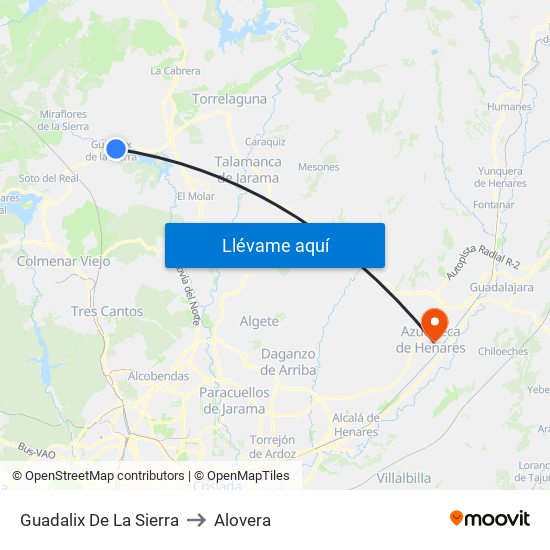 Guadalix De La Sierra to Alovera map