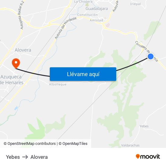 Yebes to Alovera map