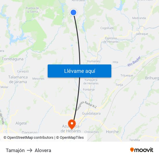 Tamajón to Alovera map