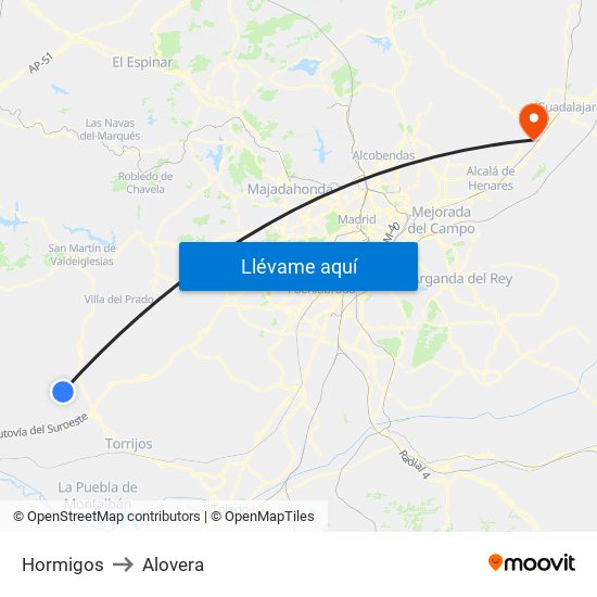 Hormigos to Alovera map