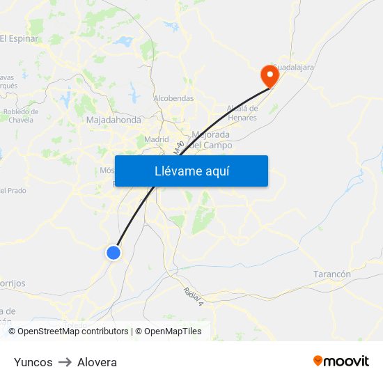 Yuncos to Alovera map