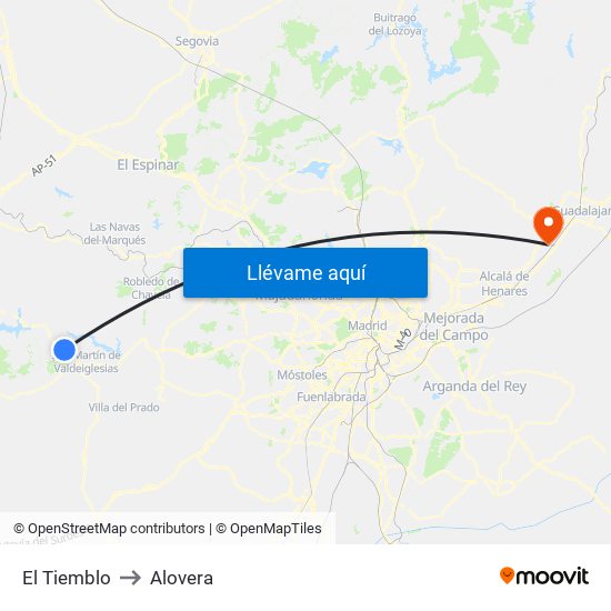 El Tiemblo to Alovera map