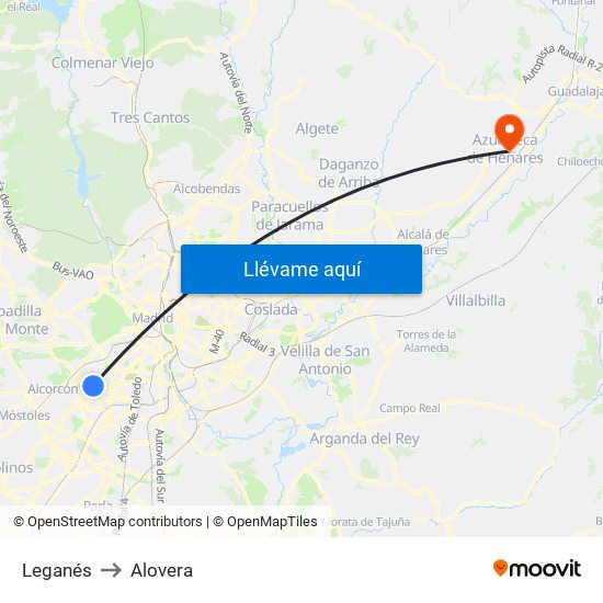 Leganés to Alovera map
