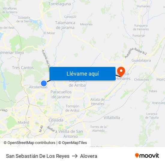San Sebastián De Los Reyes to Alovera map