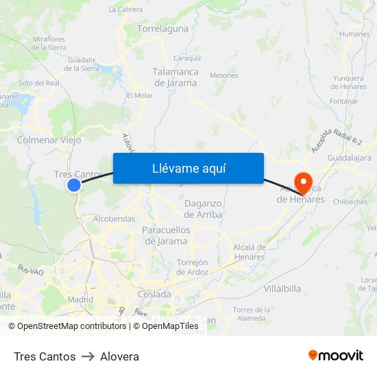 Tres Cantos to Alovera map