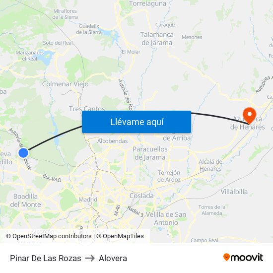 Pinar De Las Rozas to Alovera map