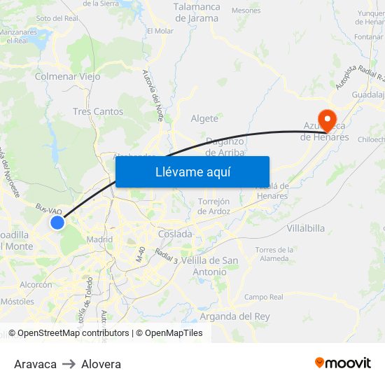 Aravaca to Alovera map