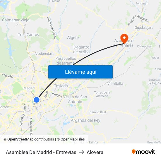 Asamblea De Madrid - Entrevías to Alovera map