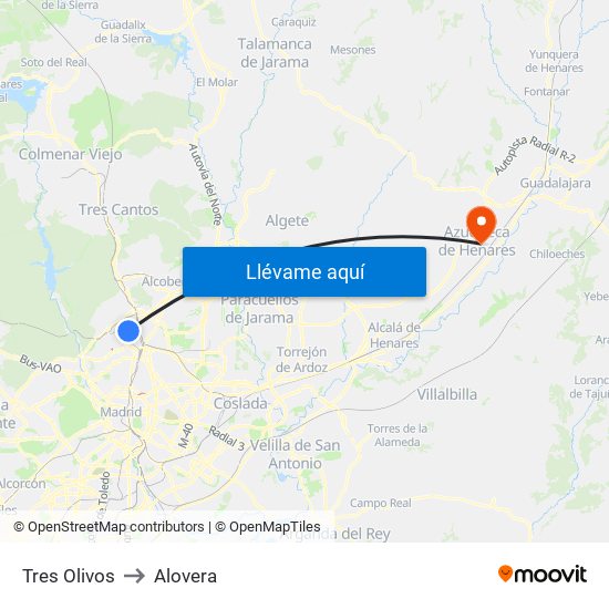 Tres Olivos to Alovera map