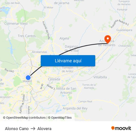 Alonso Cano to Alovera map