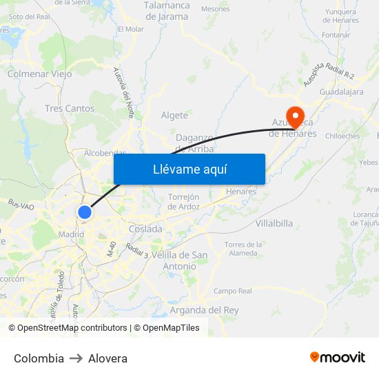 Colombia to Alovera map