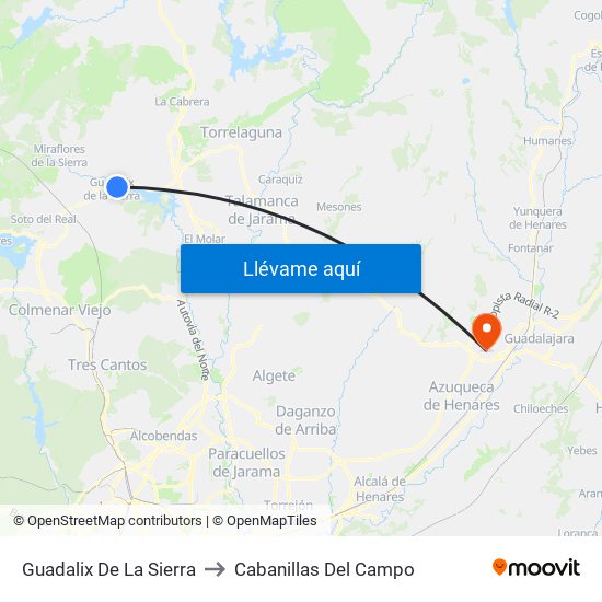 Guadalix De La Sierra to Cabanillas Del Campo map