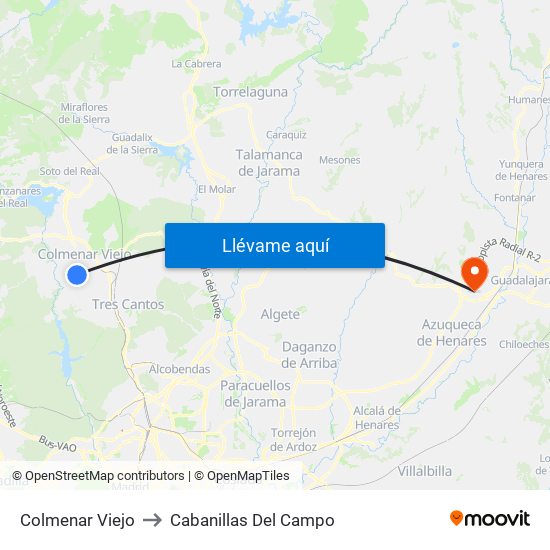 Colmenar Viejo to Cabanillas Del Campo map