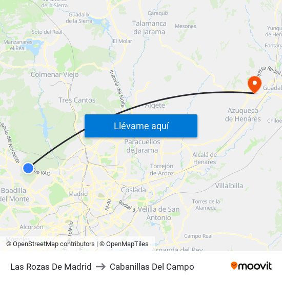 Las Rozas De Madrid to Cabanillas Del Campo map