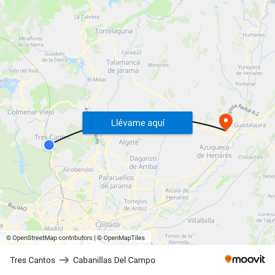 Tres Cantos to Cabanillas Del Campo map