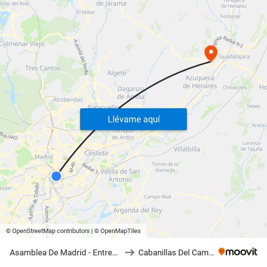 Asamblea De Madrid - Entrevías to Cabanillas Del Campo map