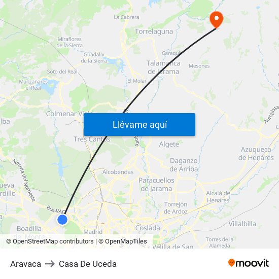 Aravaca to Casa De Uceda map