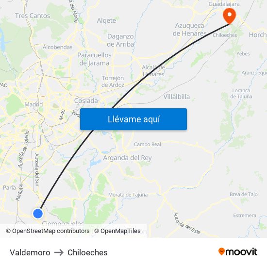 Valdemoro to Chiloeches map