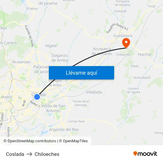 Coslada to Chiloeches map