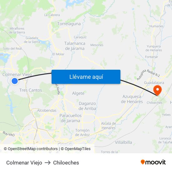 Colmenar Viejo to Chiloeches map