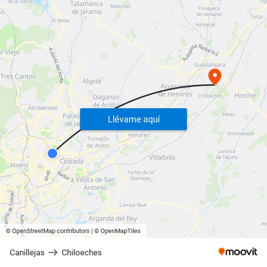 Canillejas to Chiloeches map
