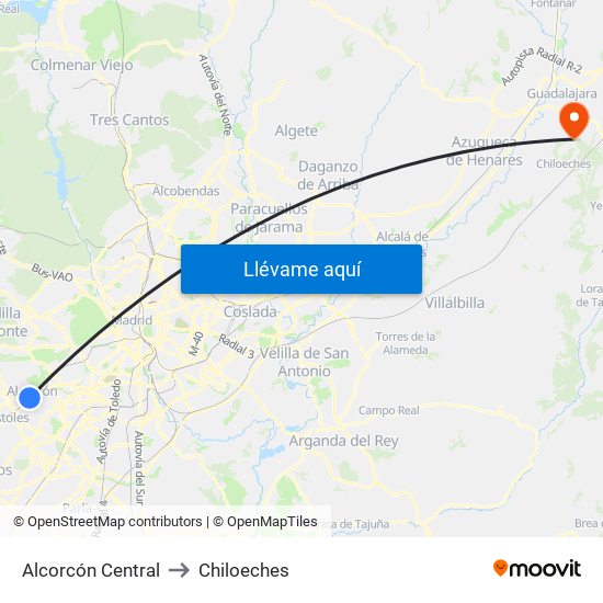 Alcorcón Central to Chiloeches map